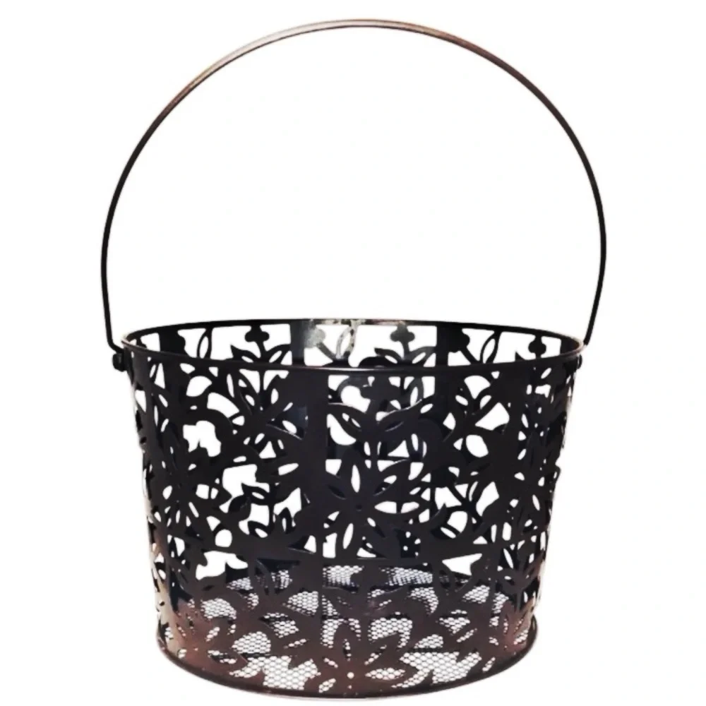 MESH METAL FLORAL GARDEN HOME DECOR BASKET with Handle Brown